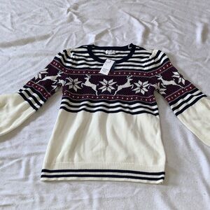 crown & ivy Cream and Navy Sweater with Reindeer Pattern